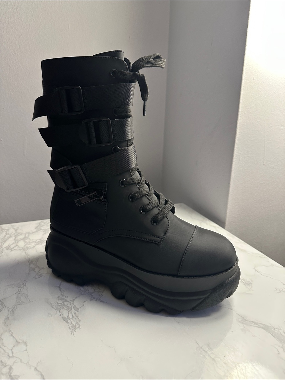 Dolls Kill Black Chunky Platform Combat Boots with Straps